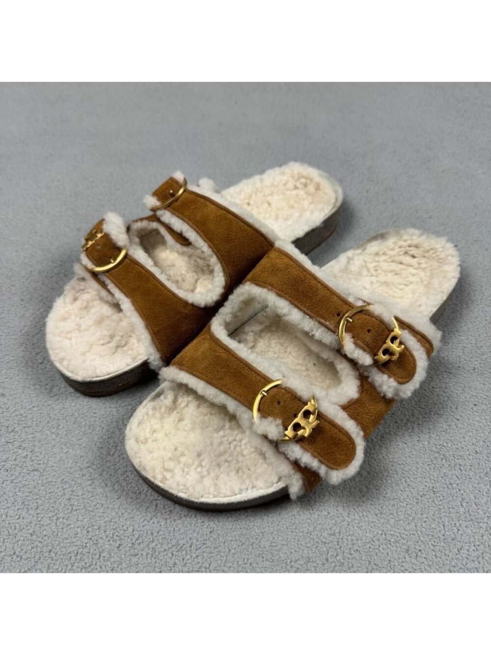 Tory Burch Anatomic Slides 9 Brown Suede Shearling Logo Buckle Slip On Sandals